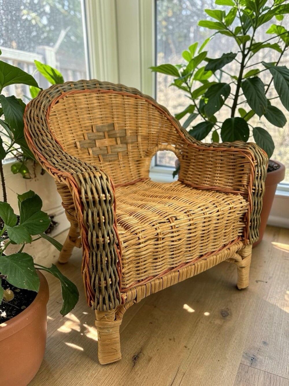Vintage Wicker Doll Chair Mini Armchair Planter Display Boho Decor 10”